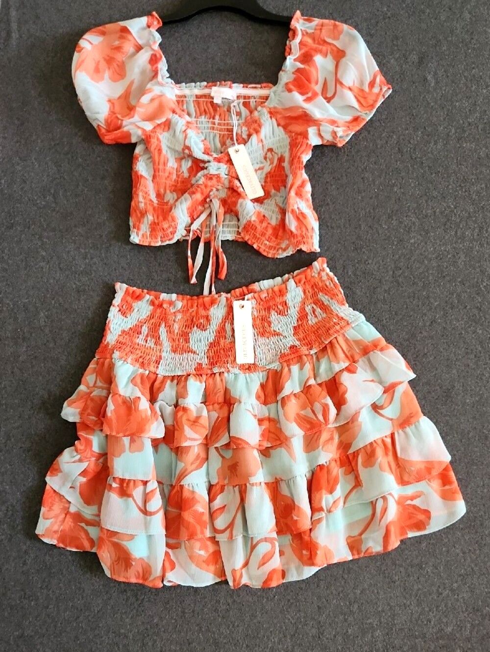Olivaceous Women's TWO Piece Crop Top & Ruffled Skirt Coral & Seafoam Size S NEW